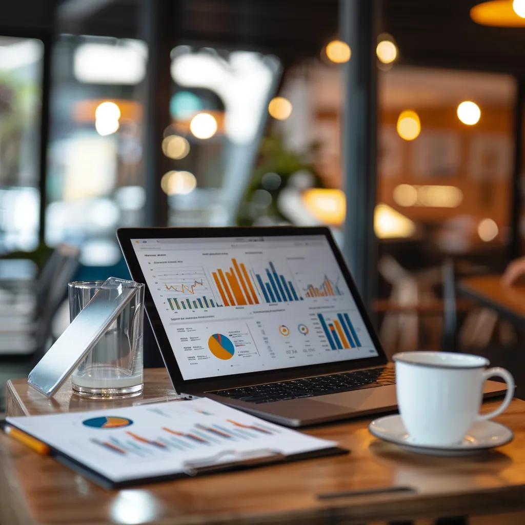 Modern workspace showcasing collaboration between a virtual operations partner and a business owner with analytics and strategic planning elements