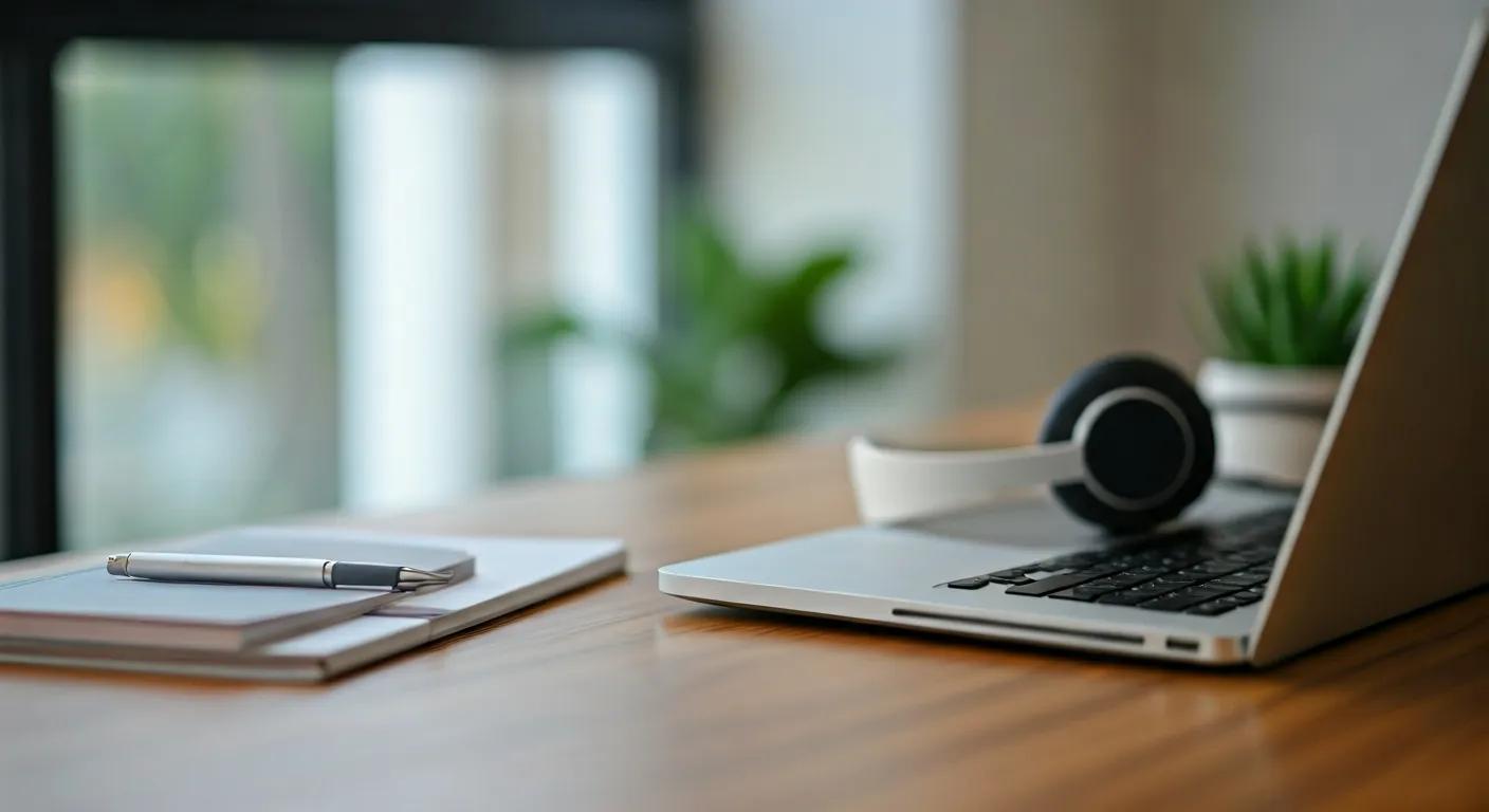 Modern virtual assistant workspace with laptop, headset, and productivity tools