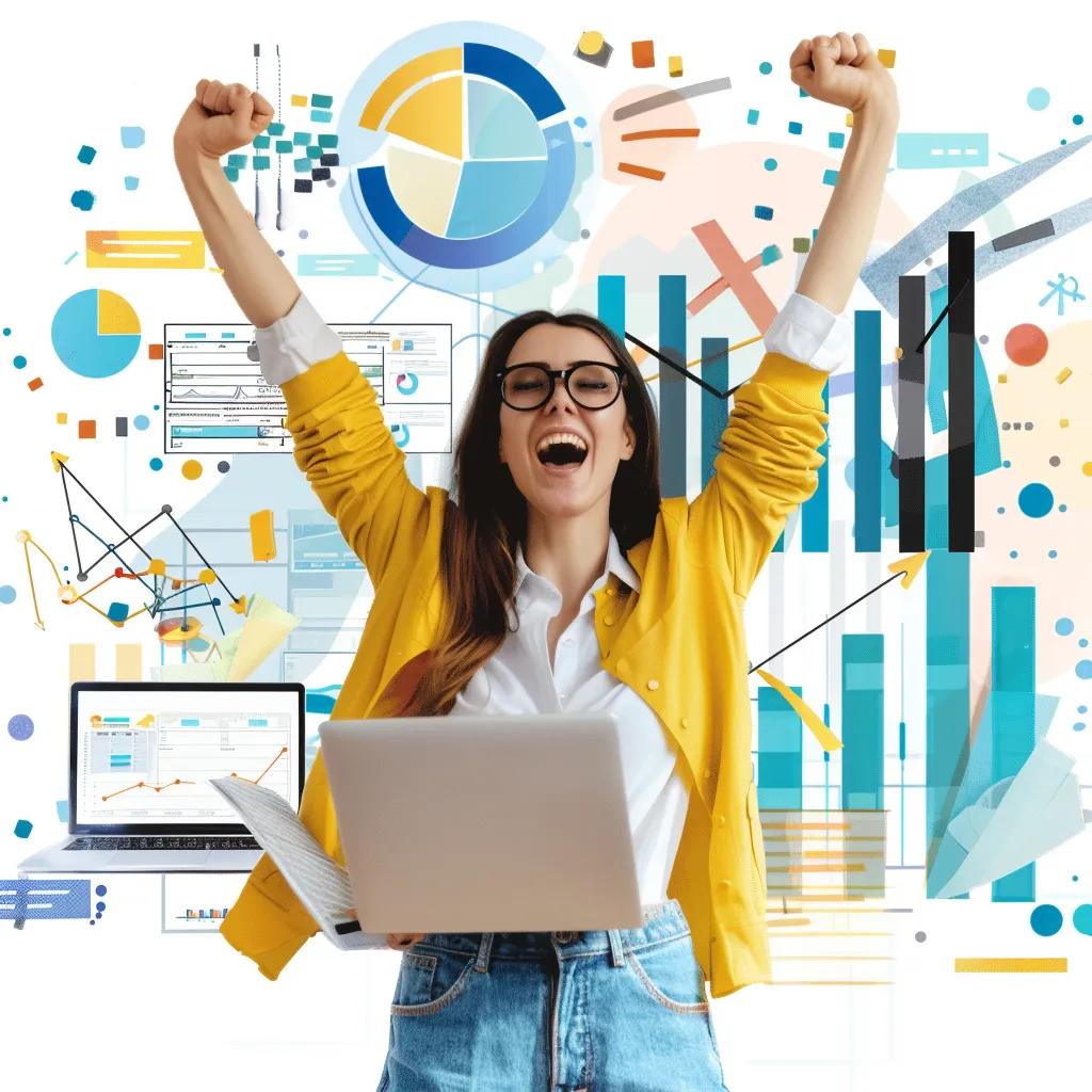 Business professional celebrating success with a laptop, symbolizing the benefits of hiring offshore virtual assistants