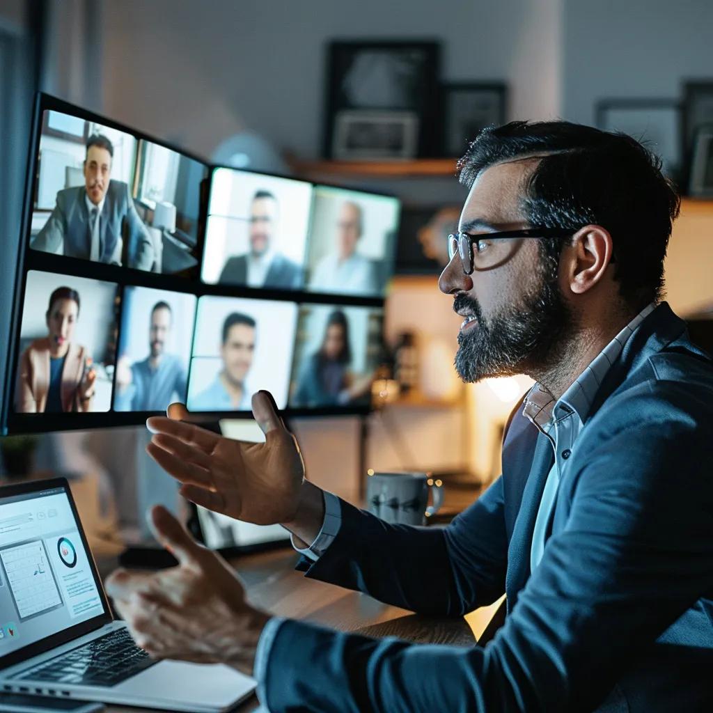 Manager conducting a video conference with offshore virtual assistants, illustrating effective remote management