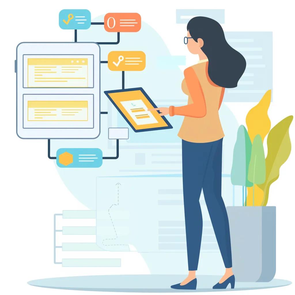 Virtual assistant reviewing SOP document with flowchart in a bright office