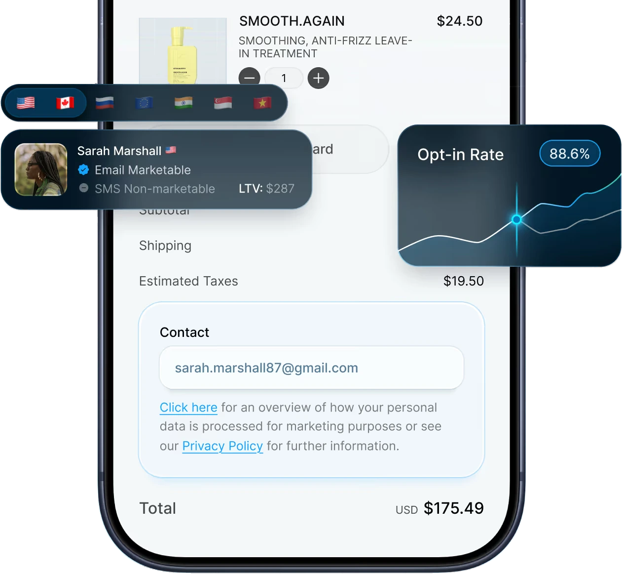 Dataships consent at a mobile checkout, with opt-in rate and customer profile