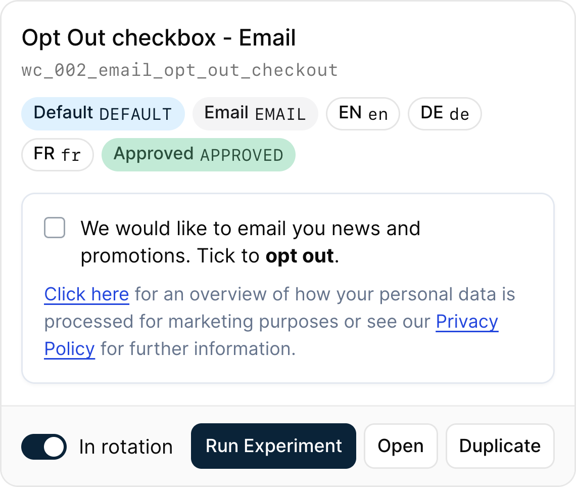 Consent language library: the default opt-out checkbox and the Email Opt-Out v1 variant, each approved and in rotation