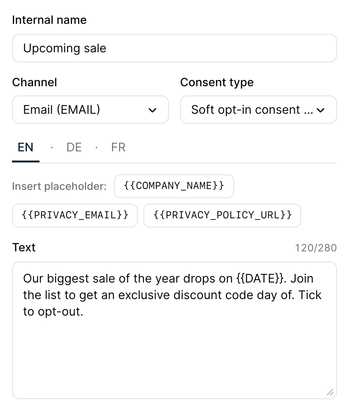 Authoring a custom consent variant: name, channel, consent type, language tabs, placeholders and the shopper-facing text