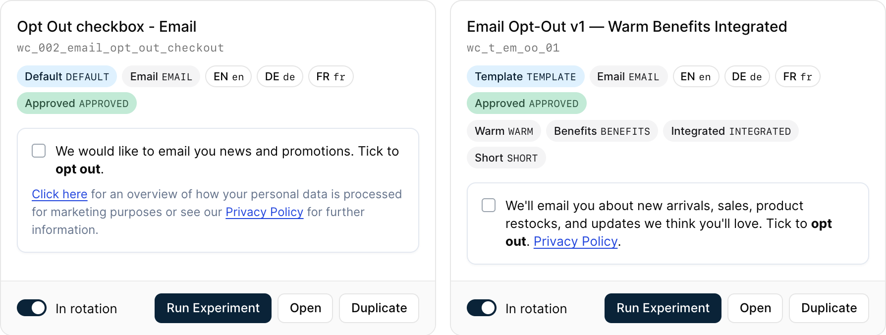 Consent language library: the default opt-out checkbox and the Email Opt-Out v1 variant, each approved and in rotation