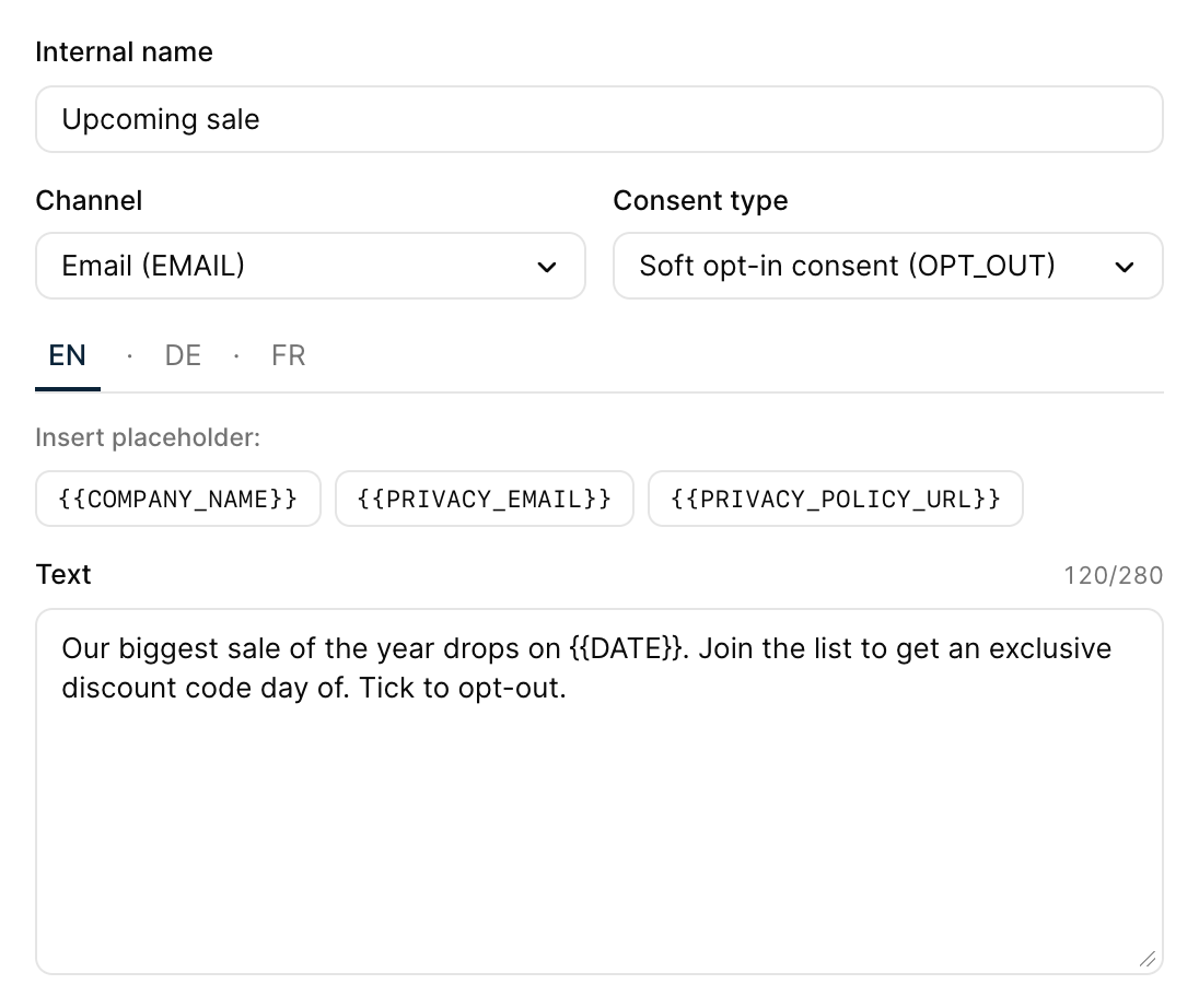 Authoring a custom consent variant: name, channel, consent type, language tabs, placeholders and the shopper-facing text