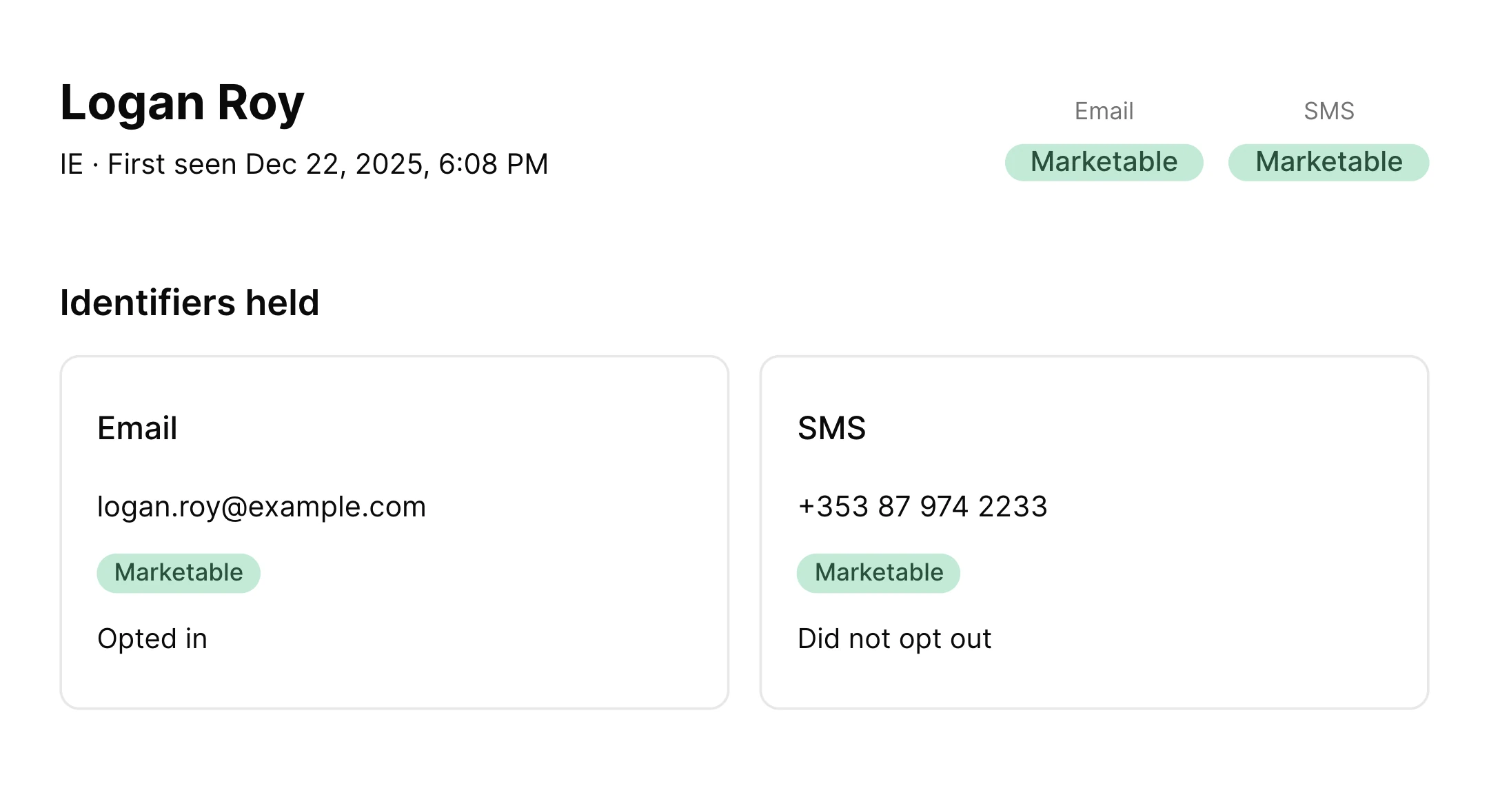 Dataships consent profile for Logan Roy: Email and SMS both marketable, with the consent status of each identifier: the email opted in, the phone number did not opt out