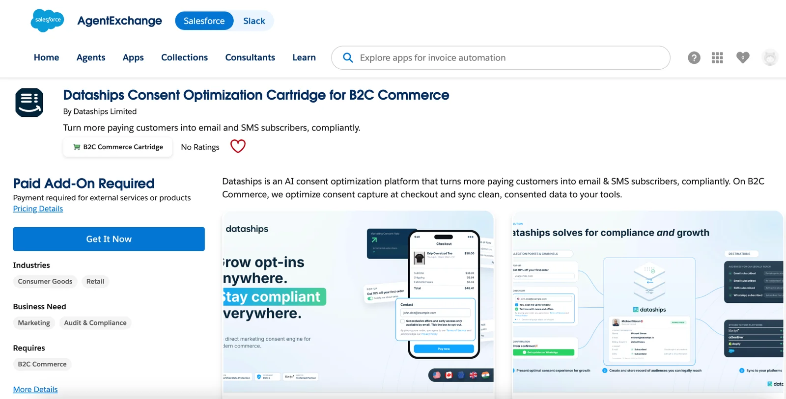 Dataships Consent Optimization Cartridge for B2C Commerce on Salesforce AppExchange
