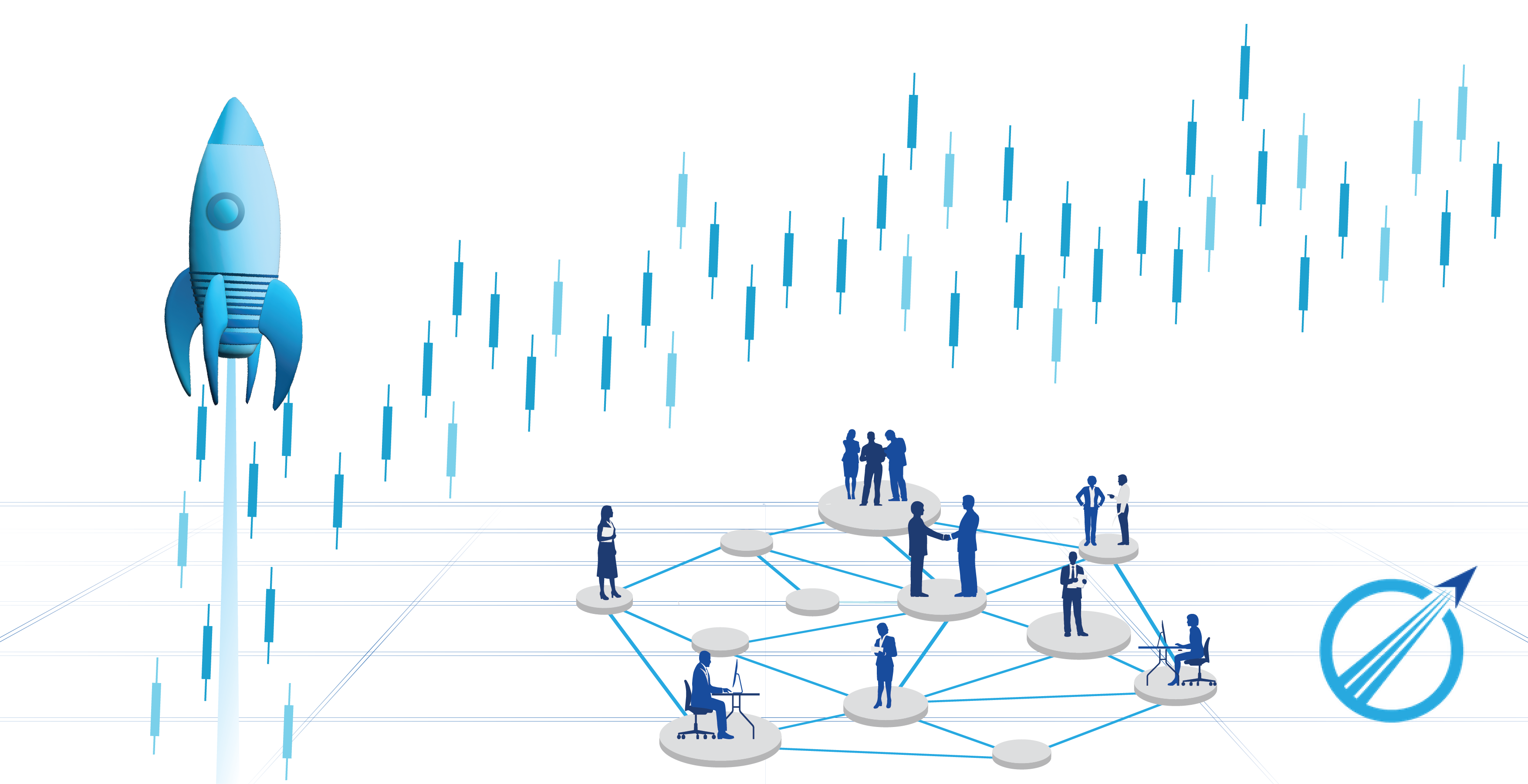 Digital illustration of a rocket launching with stock market candlestick charts in the background and people connected on circular platforms, symbolizing teamwork and growth