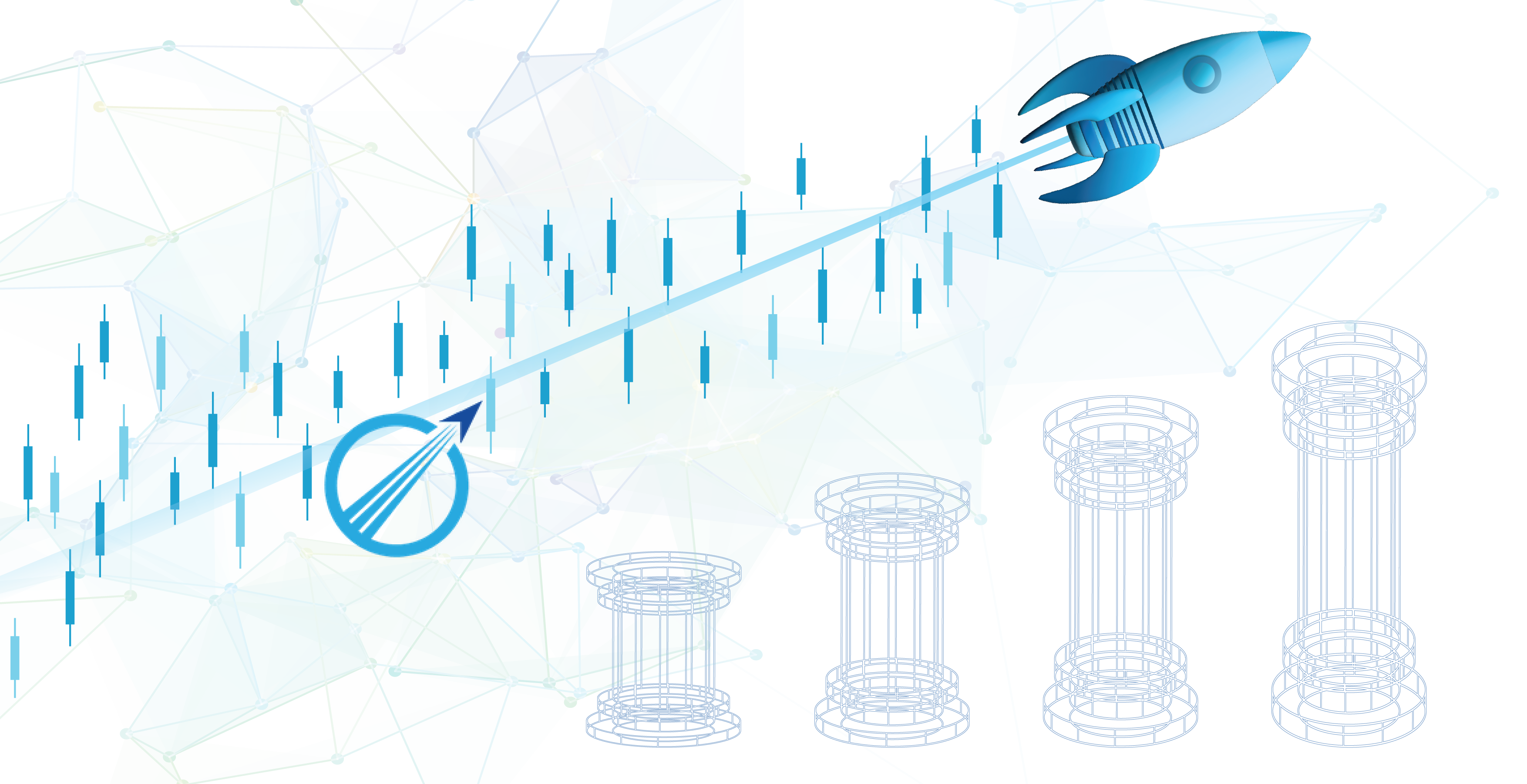 Illustration of a blue rocket ascending over a candlestick chart, symbolizing career growth and upward progress, with a target icon and abstract background elements