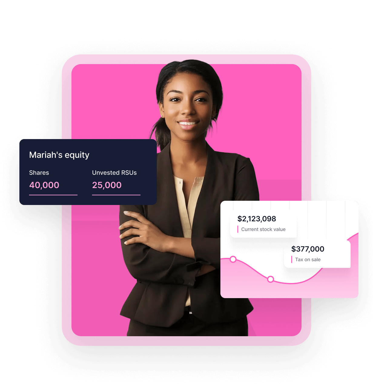 A woman with her arms crossed and a credit card in front of her.