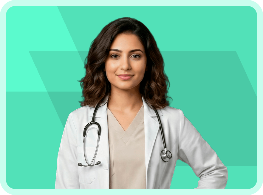 A female doctor with a stethoscope on her neck.