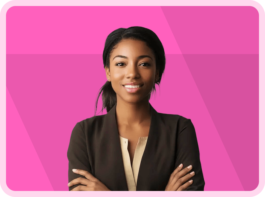 A woman standing with her arms crossed in front of a pink background.