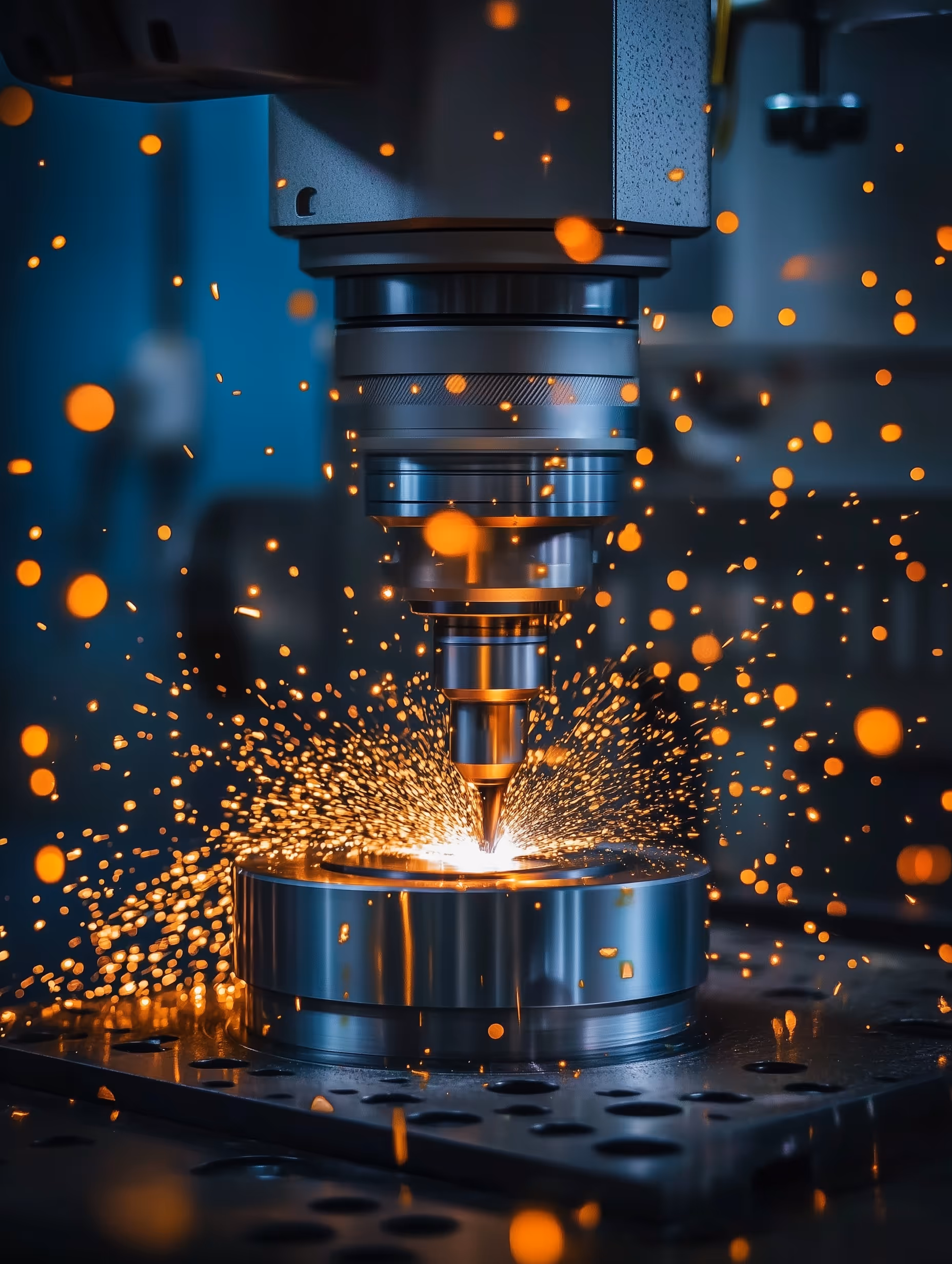 Close-up of a CNC machine cutting metal with bright orange sparks flying, showing precision manufacturing in an industrial workshop