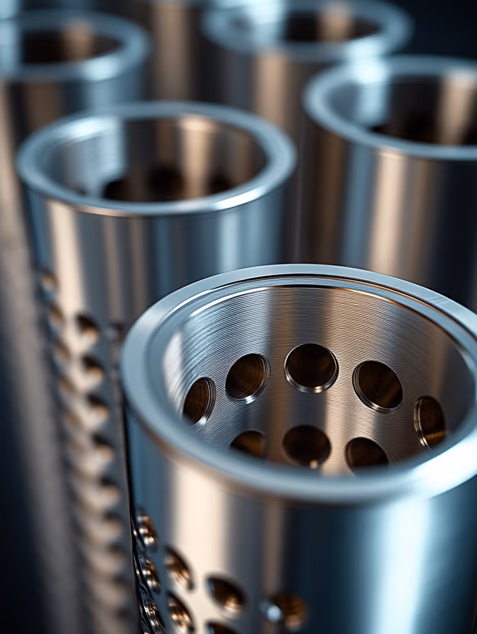 Close-up of precision-machined cylindrical metal components with drilled holes and polished surfaces used in industrial tooling