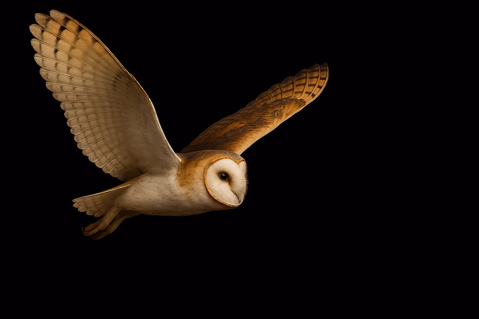 Barn owl in flight with wings fully extended, gliding gracefully against a black background.