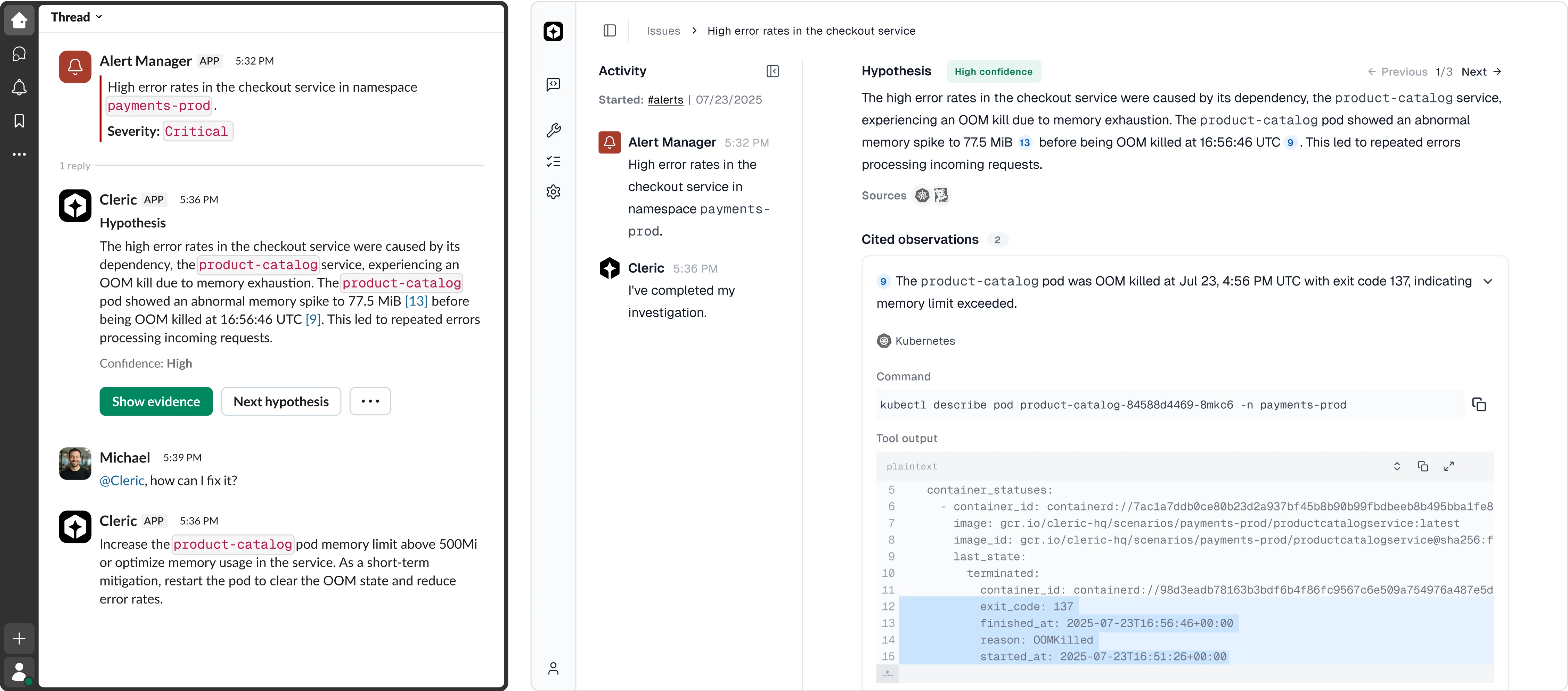 Cleric Slack app and Cleric Activity Dashboard