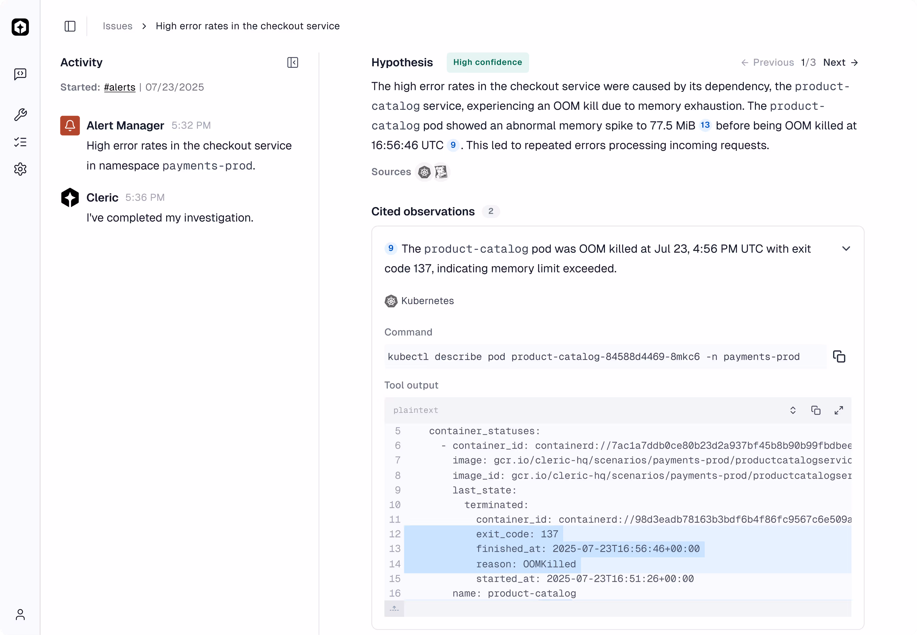 Screenshot of error investigation in checkout service showing OOM killed product-catalog pod with memory limit exceeded.