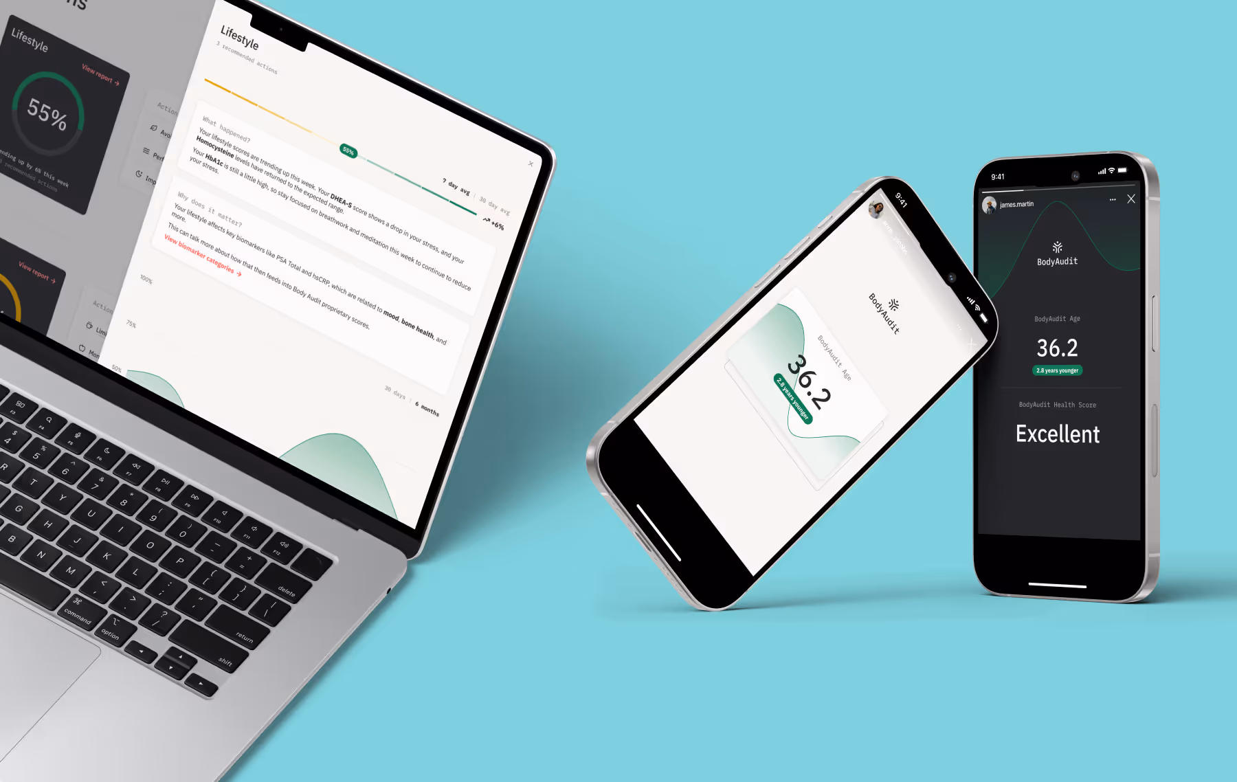 A macbook screen showing the Lifestyle category report and two iPhones showing Instagram stories with Body Audit Ages and Health Scores