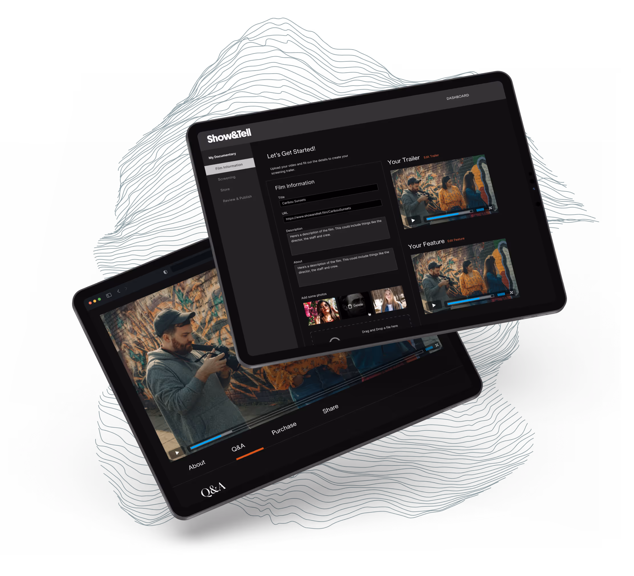 Two tablets show the Film Information and video player views in the Show & Tell platform