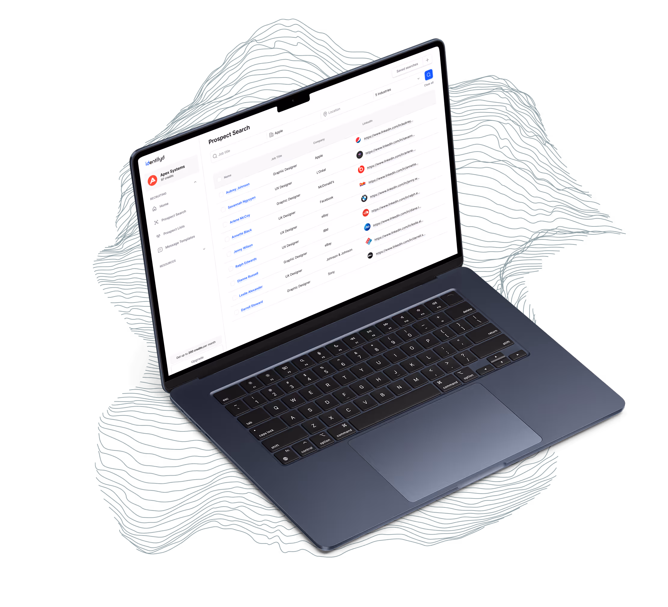 A laptop shows user profile results for a prospect search