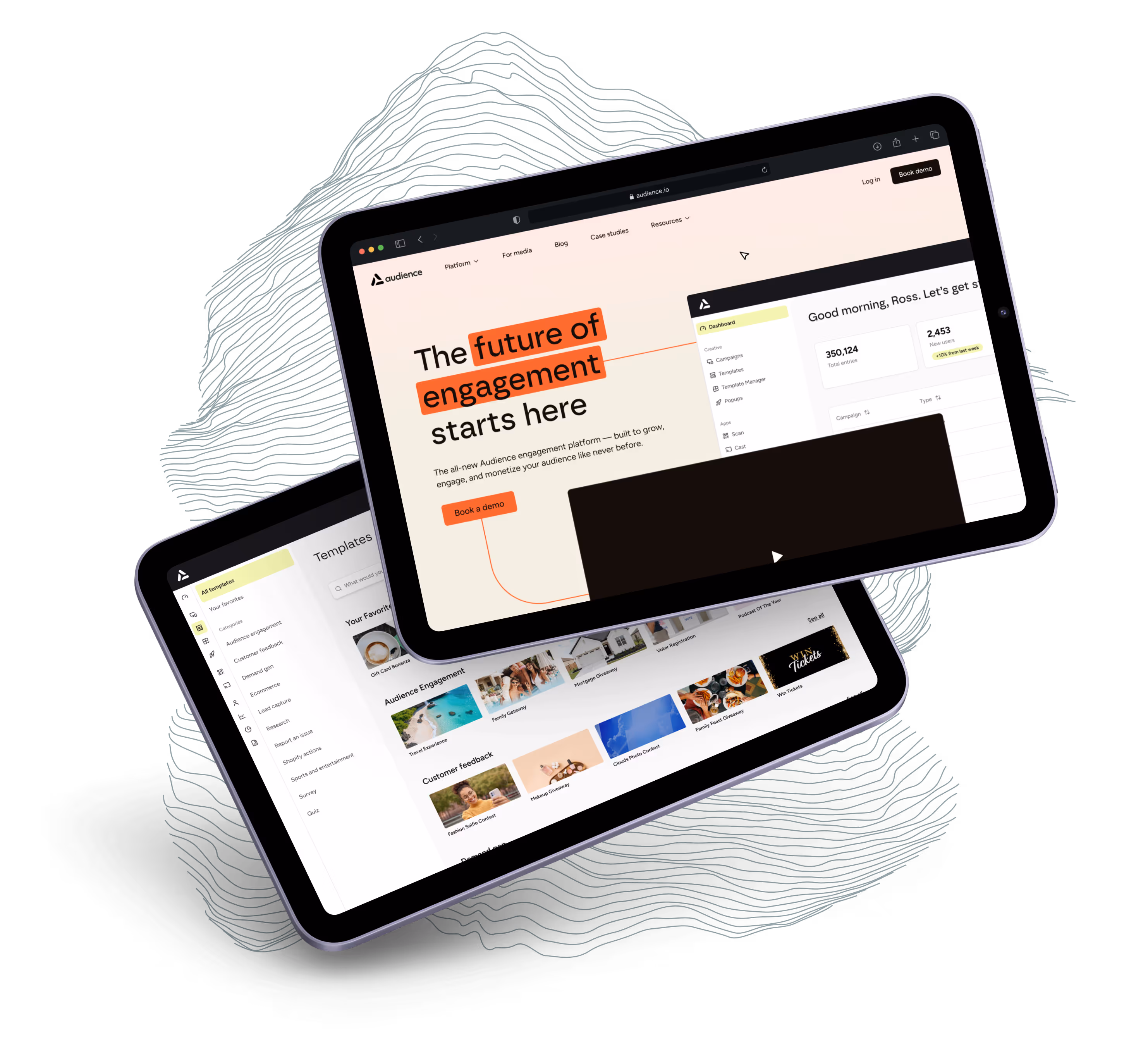 Two tablets show the redesigned Audience marketing site homepage and the platform dashboard