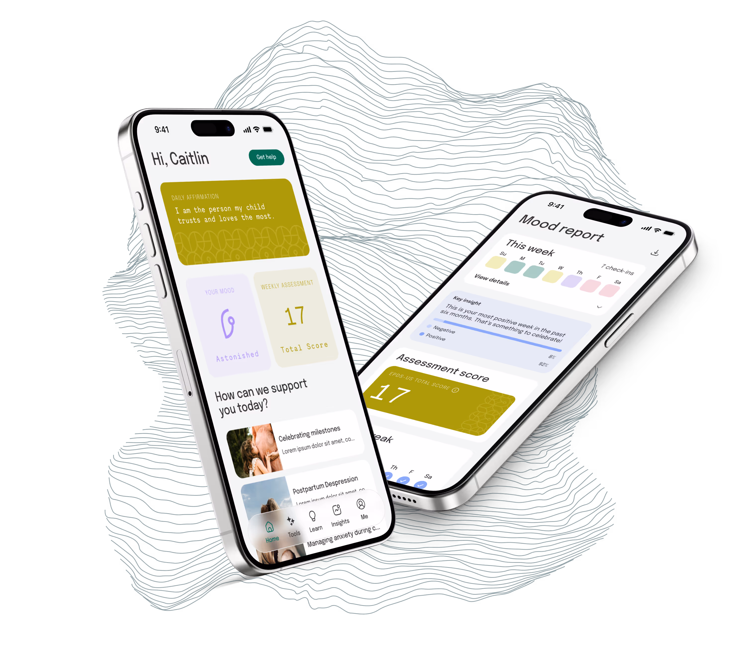 Two phone screens show the dashboard and mood report pages in the VillageFor app