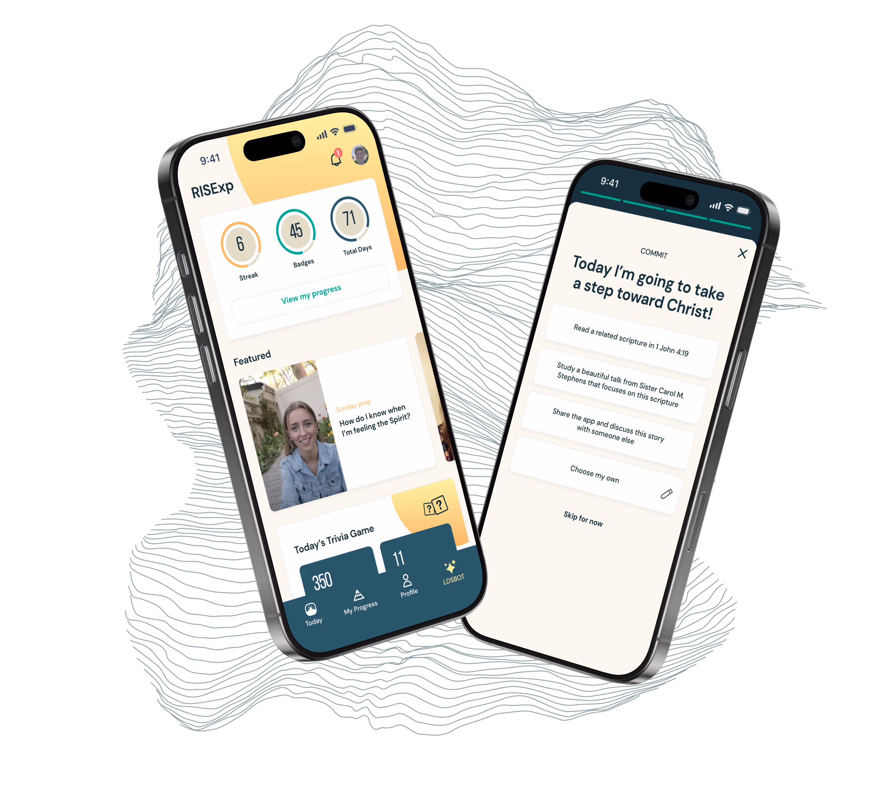 Two phones show the RISExp home screen and a goal setting prompt