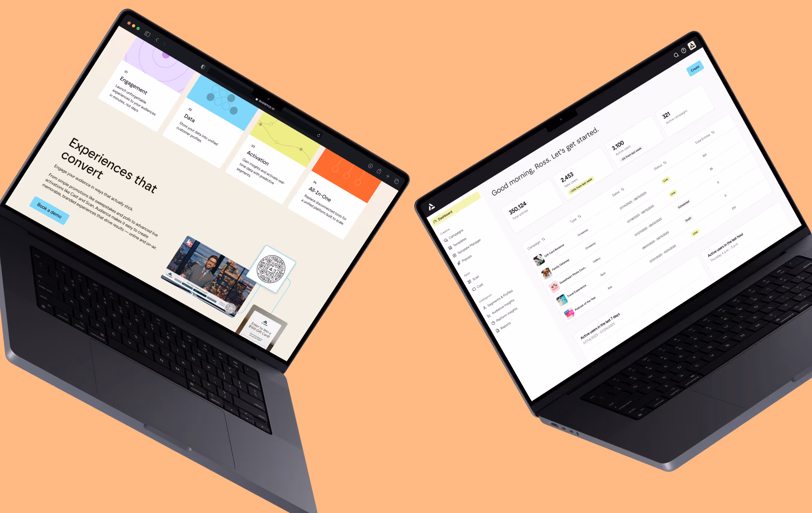 Two laptops show the Audience marketing site homepage and the in-app dashboard