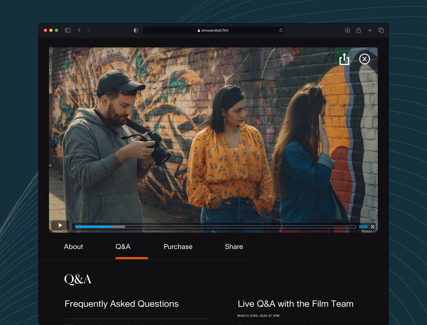 The Q&A section of a film page lists frequent questions and upoming live Q&As