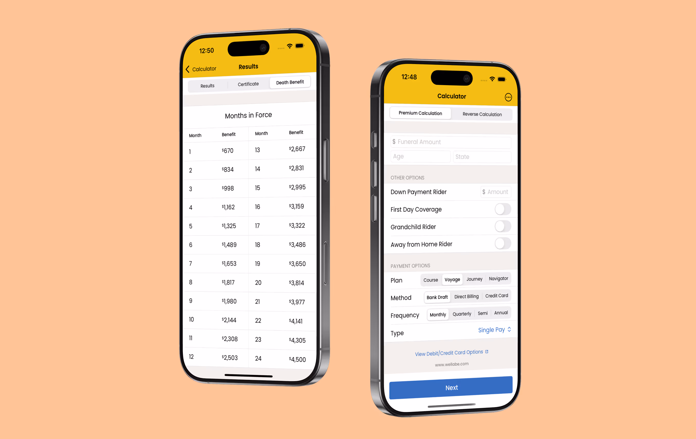 Close up shots of the calculator and results screens in iPremium
