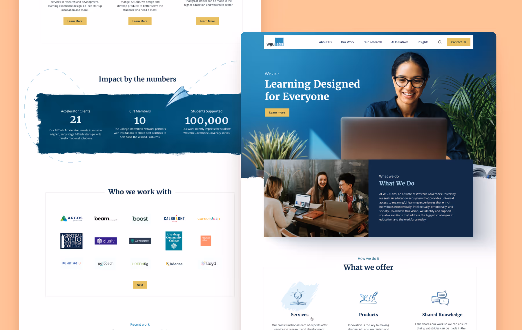 The redesigned WGU Labs homepage leads with the phrase "Learning designed for everyone" and shows impact statistics