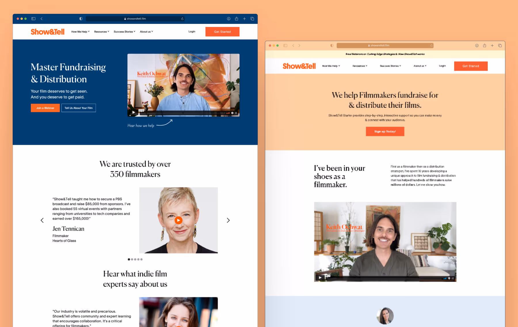 The Show & Tell homepage explains how they help filmmakers fundraise and distribute their films