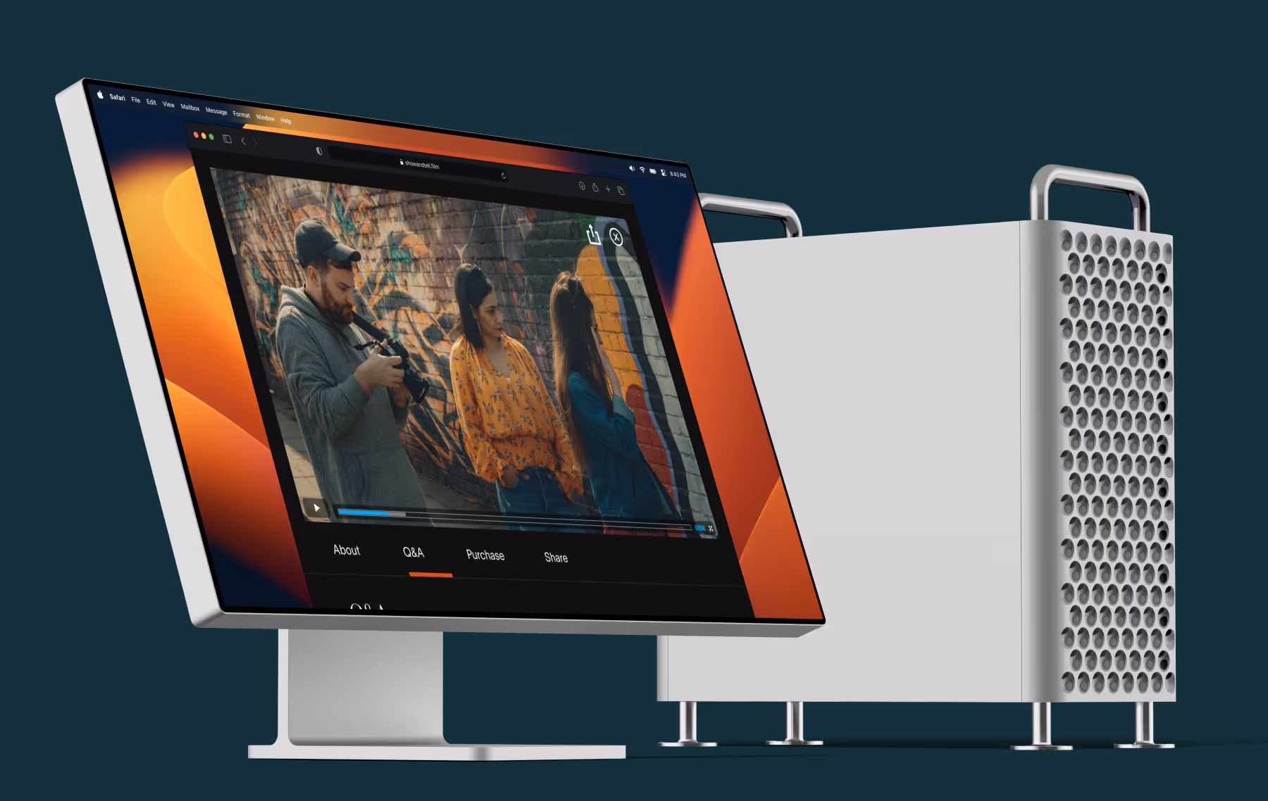 A desktop computer shows a video playing on the Show & Tell site