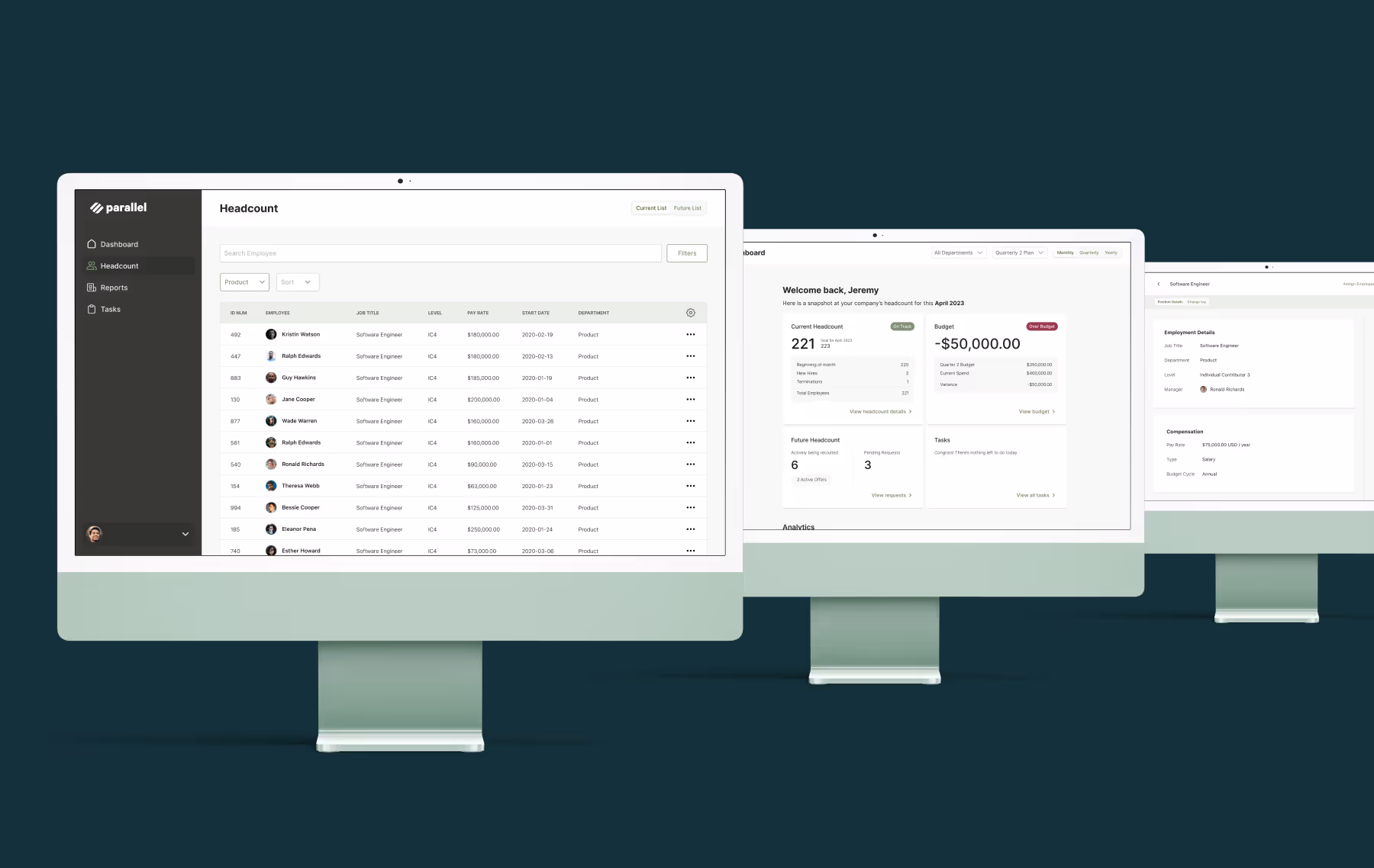 Three screens show the dashboard and headcount screens in the Parallel app, plus a listing for a software engineer
