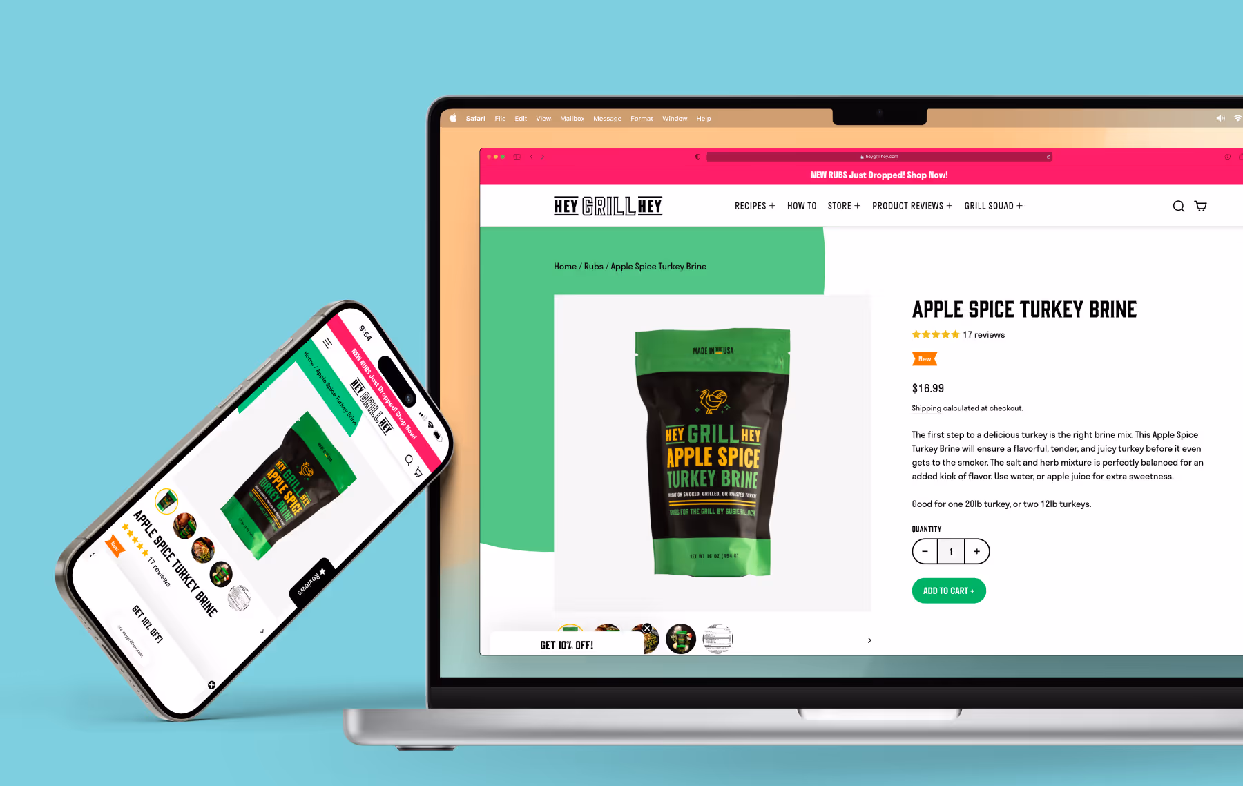 Users can buy products from Hey Grill, Hey as well, shown by these screenshots for the Apple Spice Turkey Brine