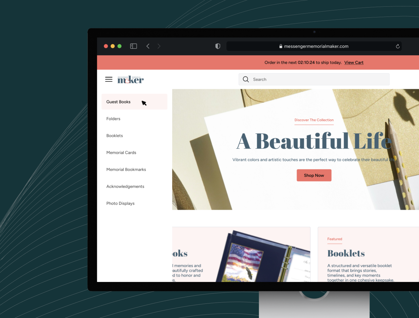 The Messenger Memorial Maker menu offers categories for Guest Books, Folders, Booklets, Cards, Bookmarks, and more