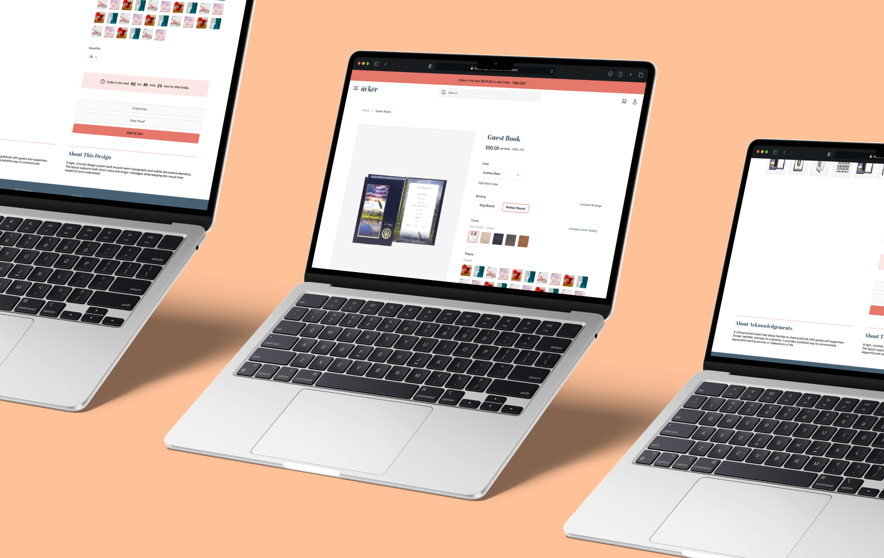 Three laptops show different parts of a Guest Book product page, with selectors, CTAs, and product descriptions