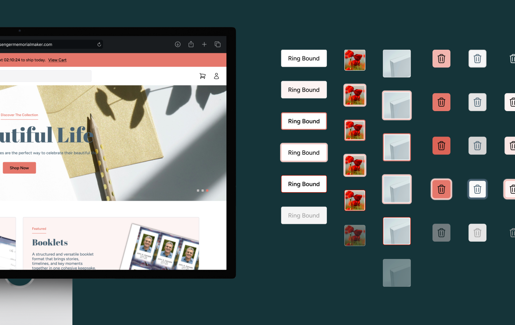 The Messenger Memorial Maker homepage is displayed next to buttons and other components from the UI kit