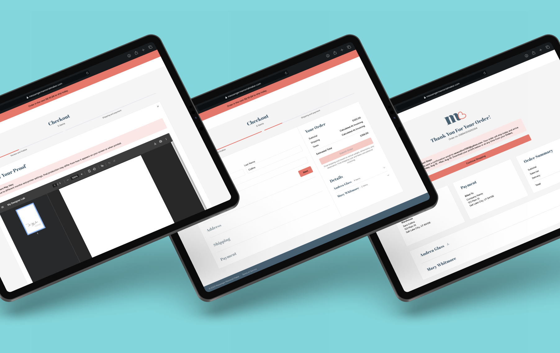 The checkout flow allows users to view and approve proof, input delivery info, and review their order