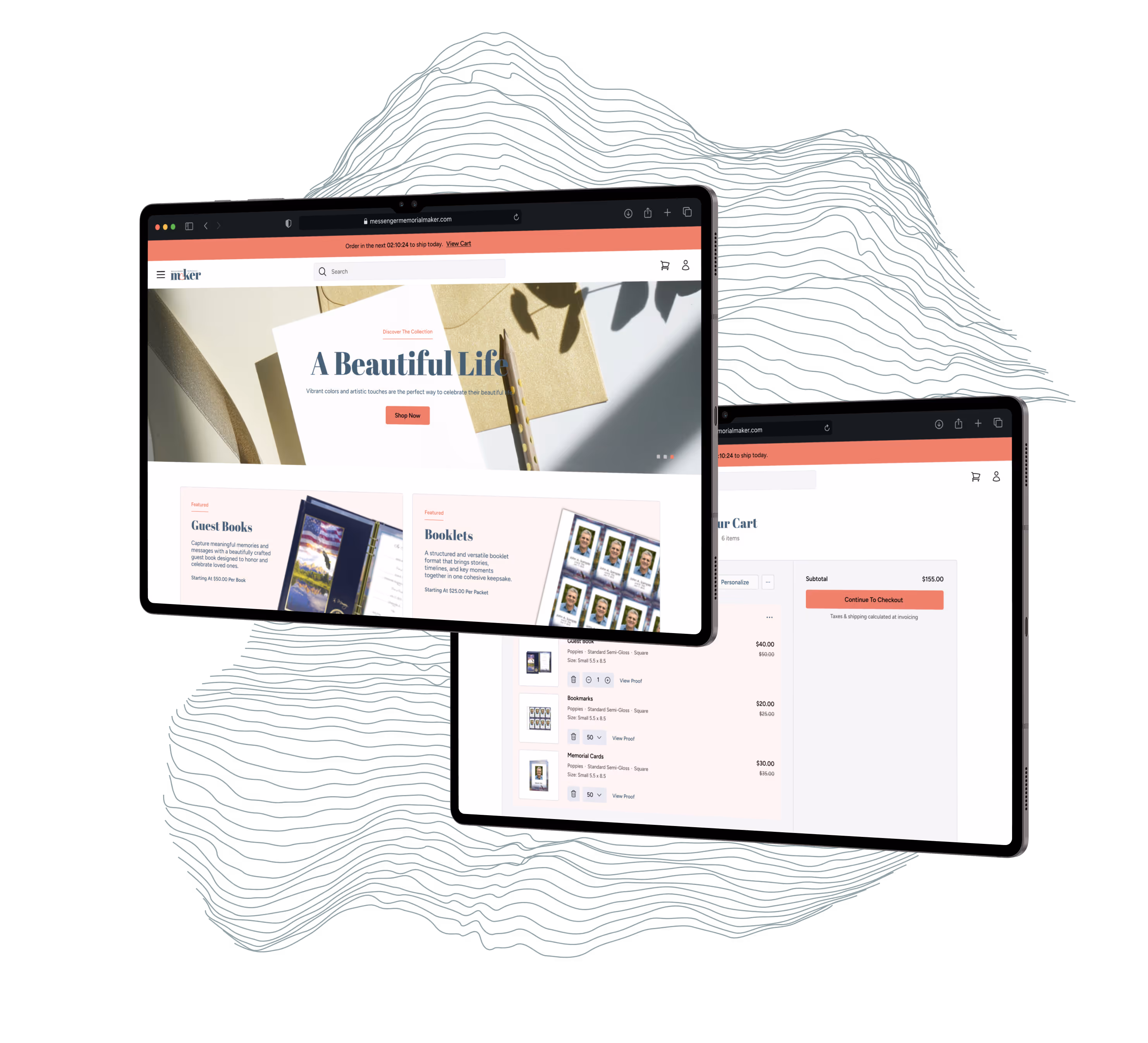 Two screens show the Messenger Memorial Maker ecommerce experience from shopping to viewing your cart