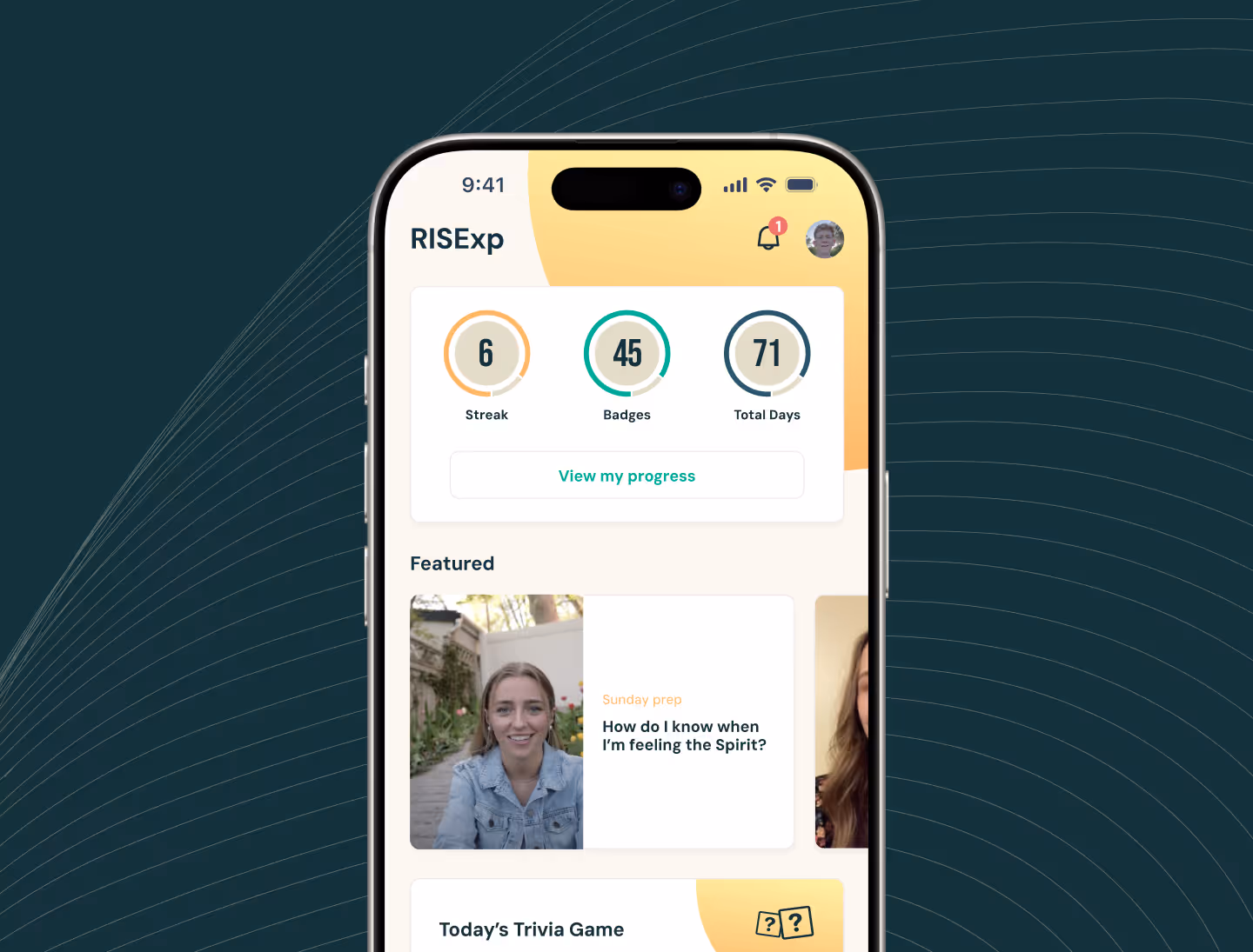 The RISExp homepage includes summaries for streak count, badges earned, and total days practiced