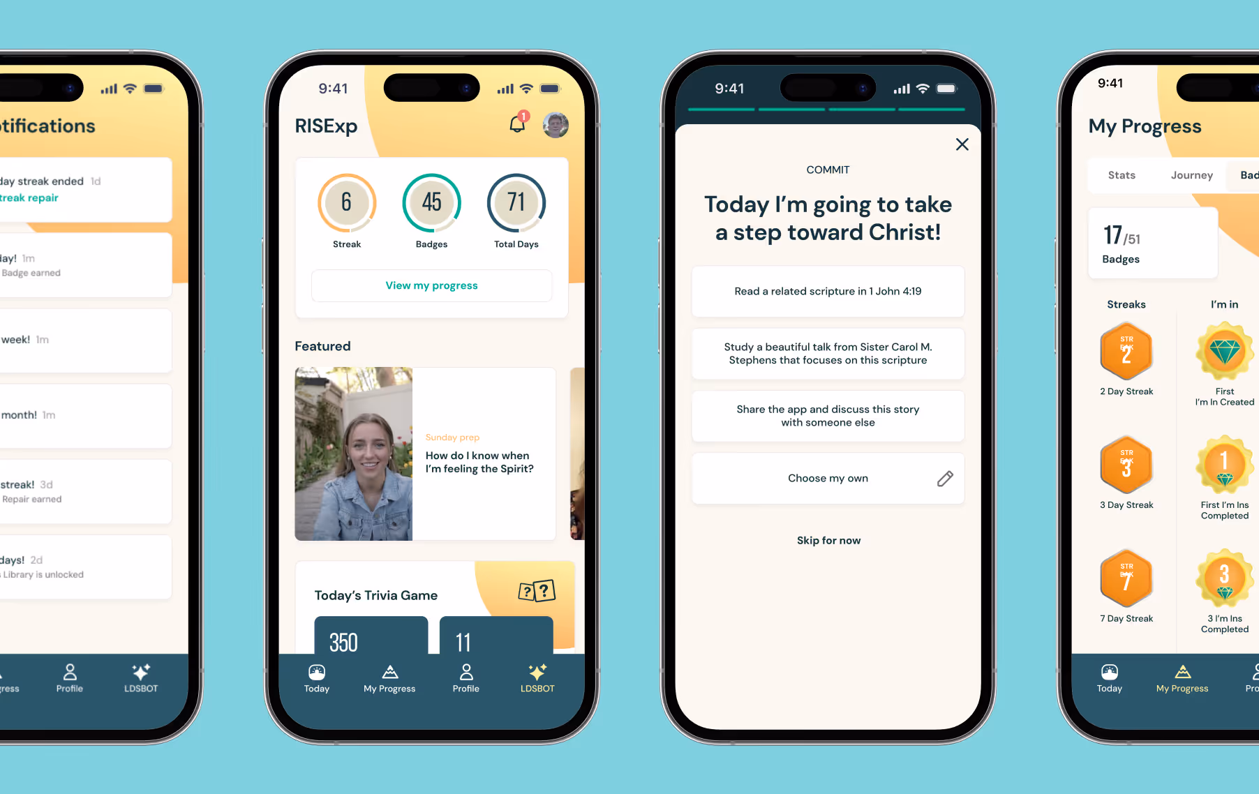 App screens include notifications, a dashboard, goal setting, progress statistics, and more