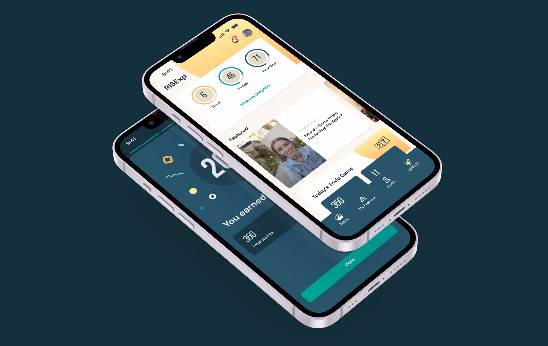 Two stacked phone screens show a celebratory "200 points earned" screen below the RISExp home screen