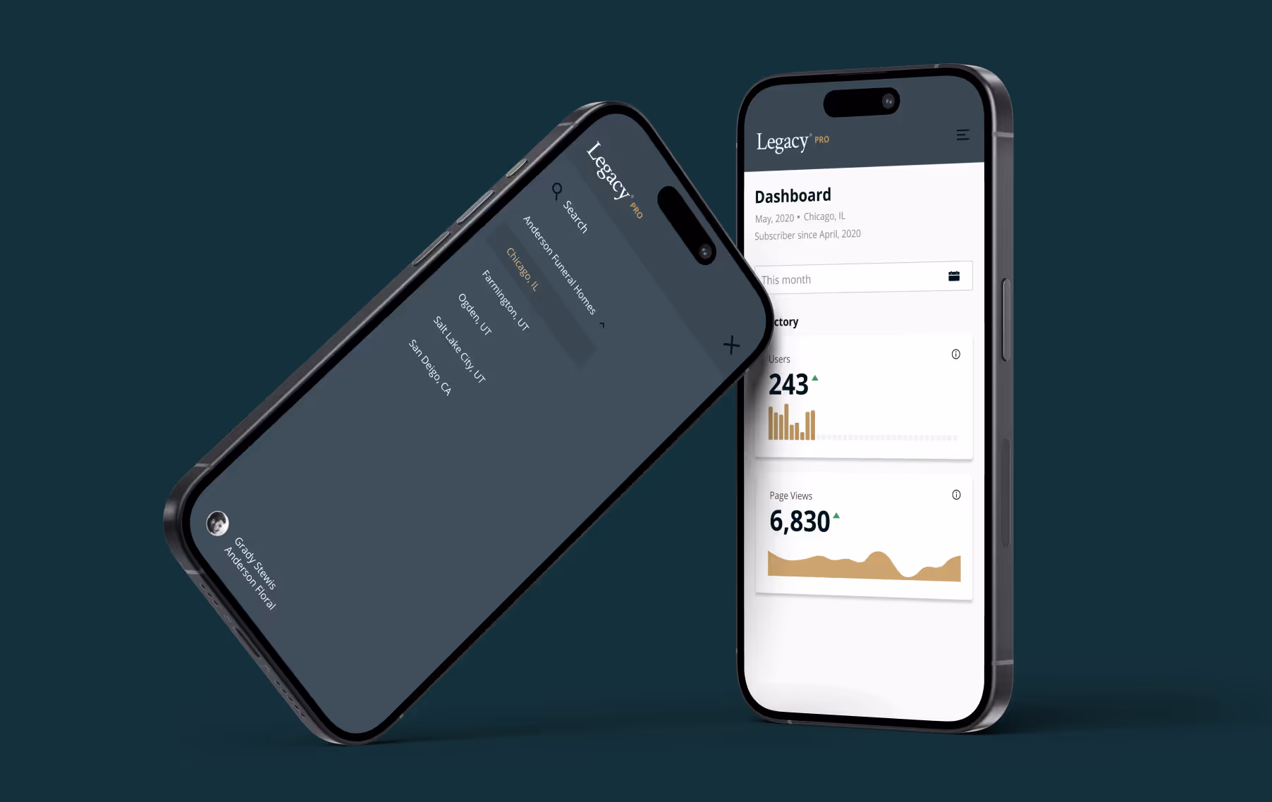 Mobile views of the Legacy platform and sidebar menu options