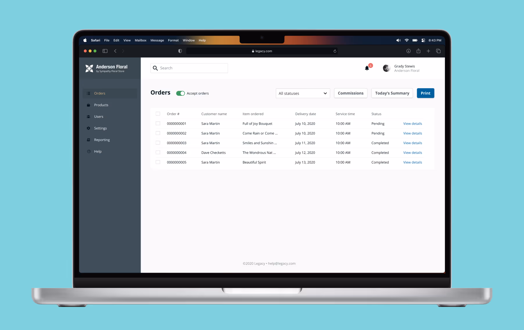 The orders screen in the Legacy dashboard tracks deliveries, status and more