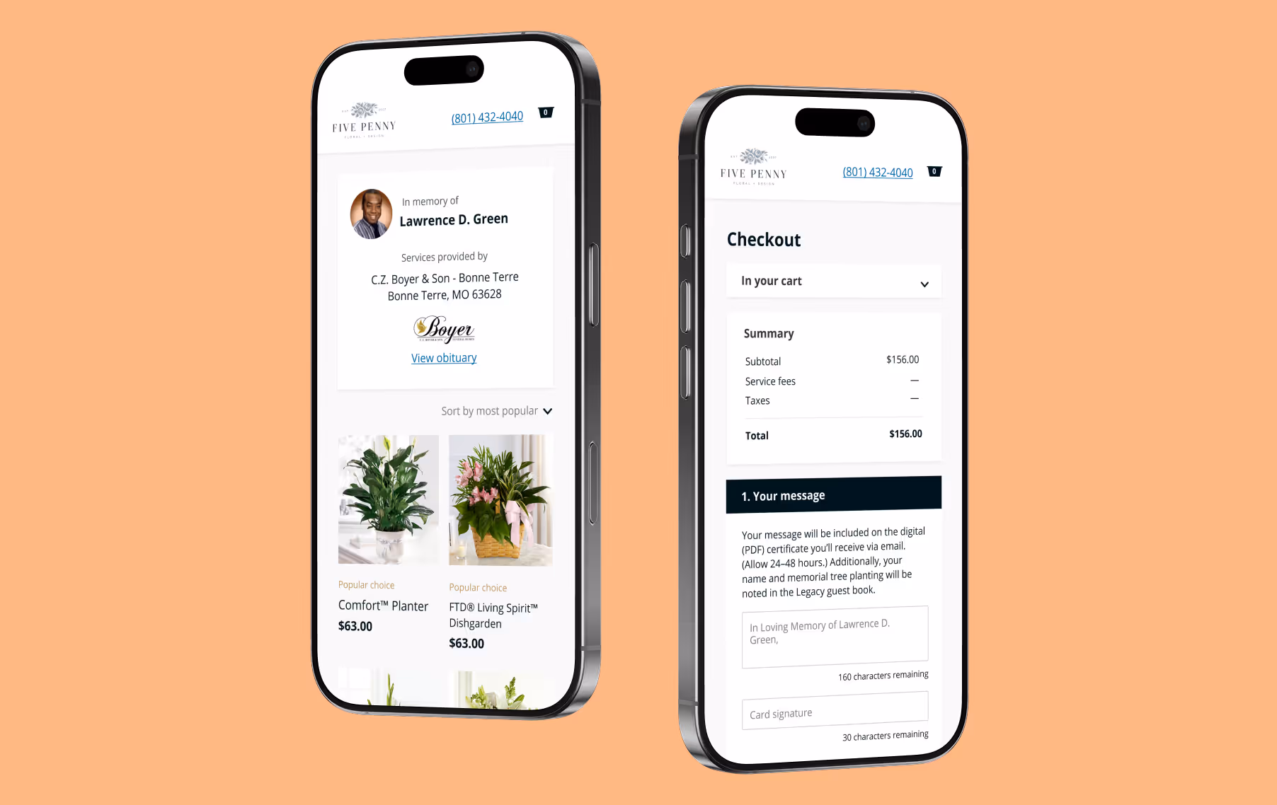 The shopping and checkout pages for memorial service greenery