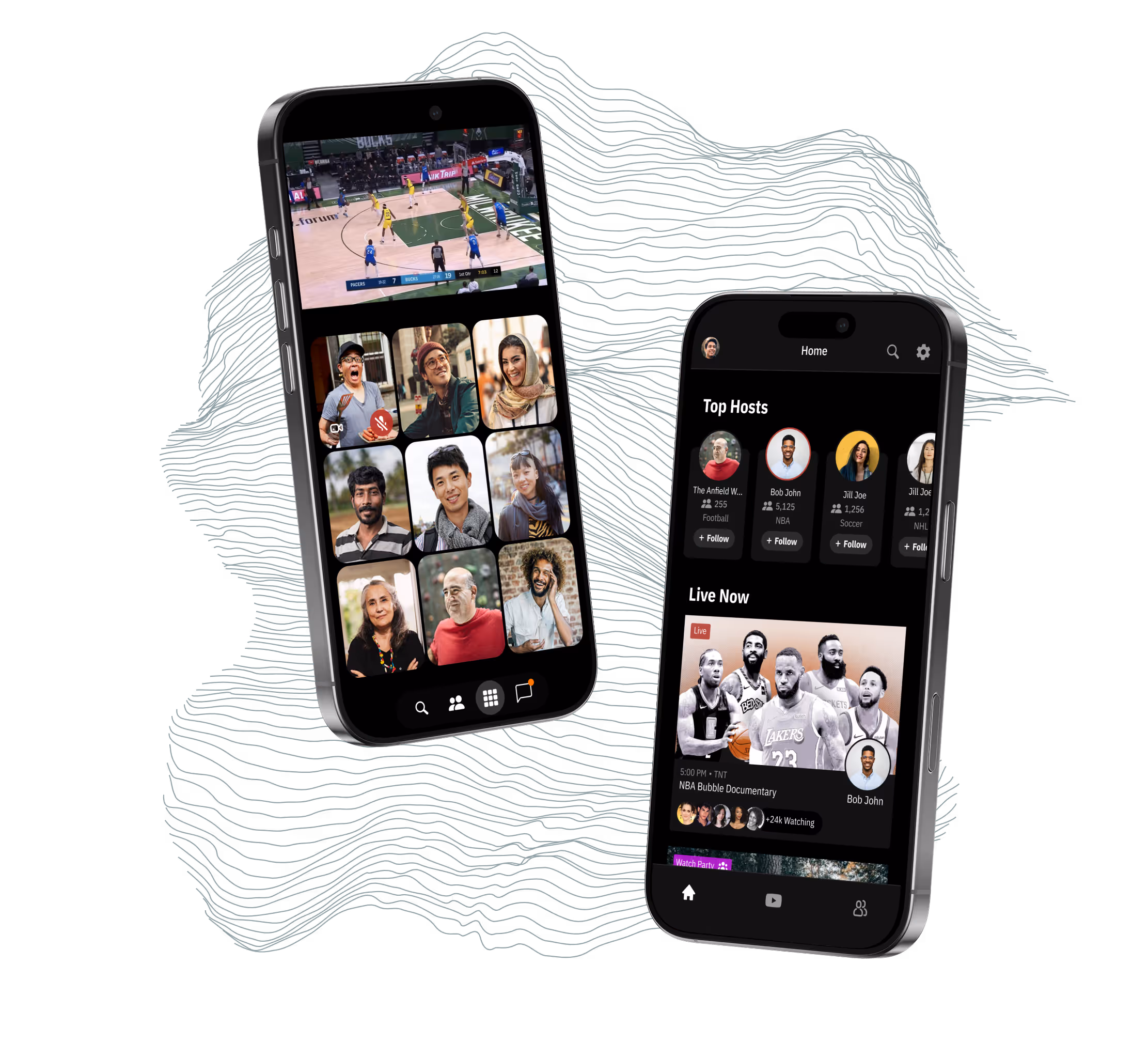 Two phone screens show the Hot Mic app dashboard and top hosts