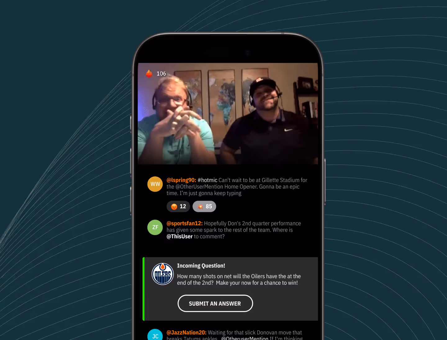 A phone screen shows comments on a Hot Mic live stream