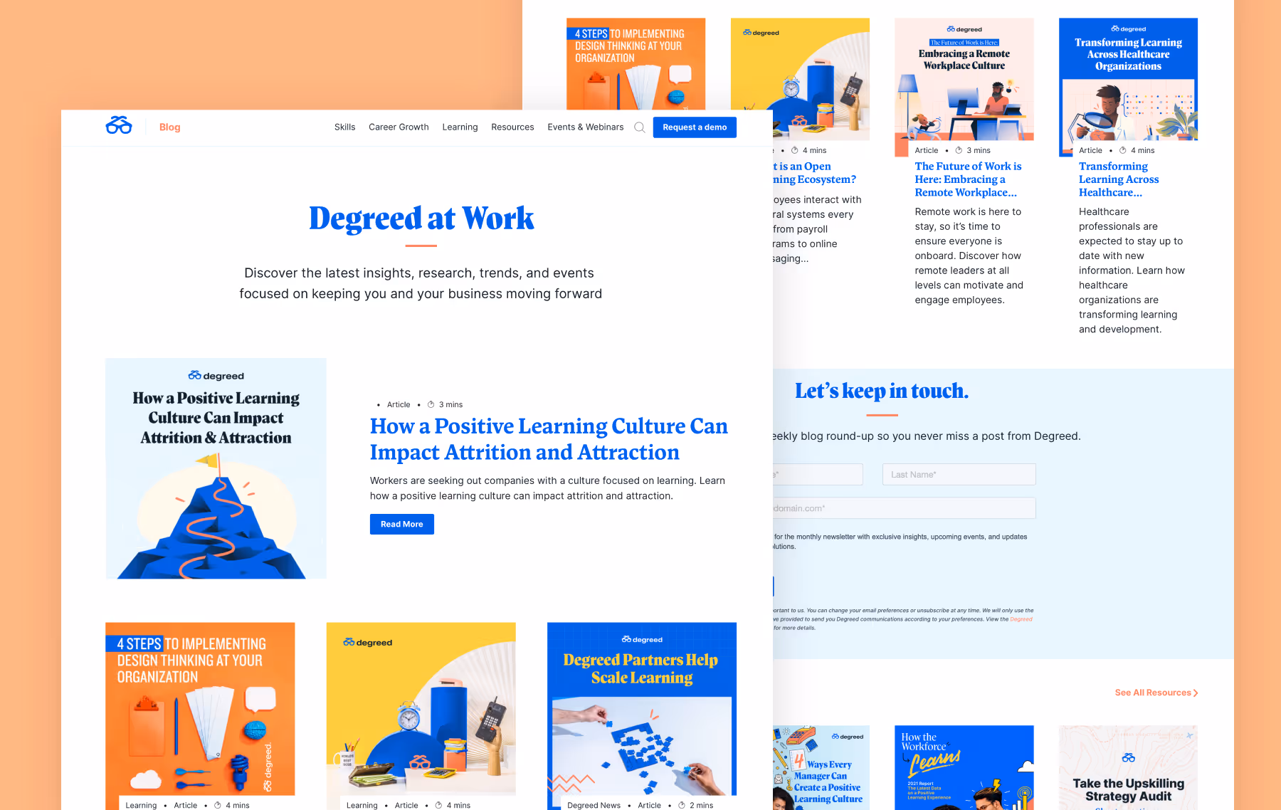 The Degreed blog hub and an email capture form further down the page